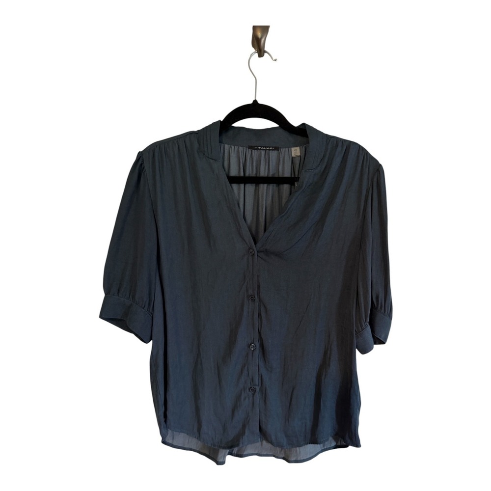 T Tahari Blouse Deep Slate Blue L Womens Silky Short Sleeve V-Neck NEW Office